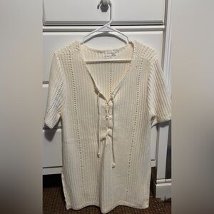 Anthropologie Cream Knit Blouse with Tie Front
